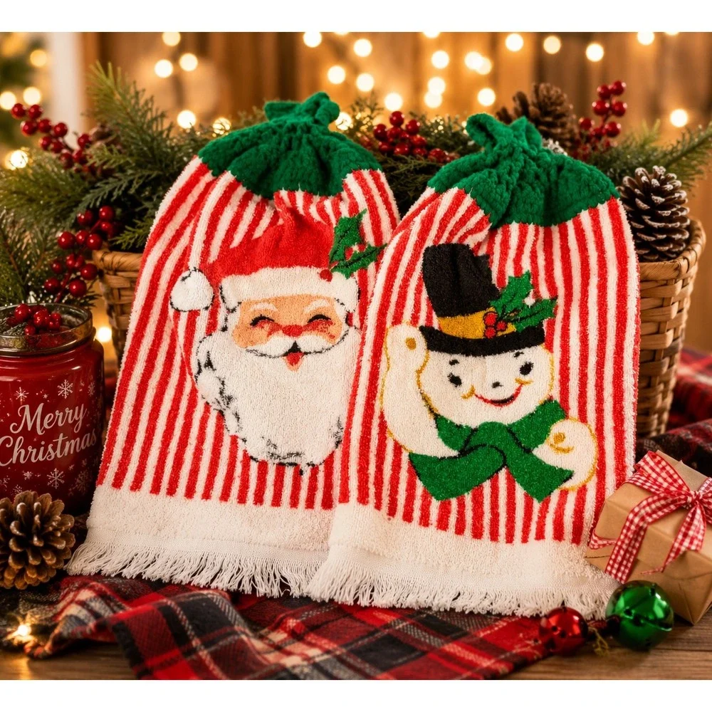 Vintage Christmas Hanging Kitchen Towels Set Santa Snowman Crochet Top 2pc